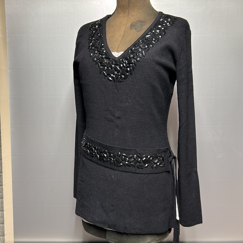 Christine Phillips Lโimage black v neck sweater with embellished beads black NWT